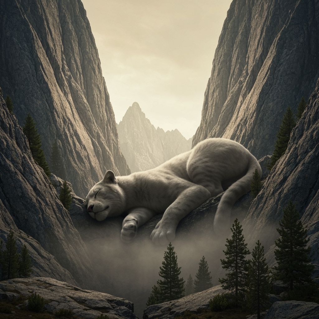 Colossal Feline Rests Among Majestic Mountain Ridges