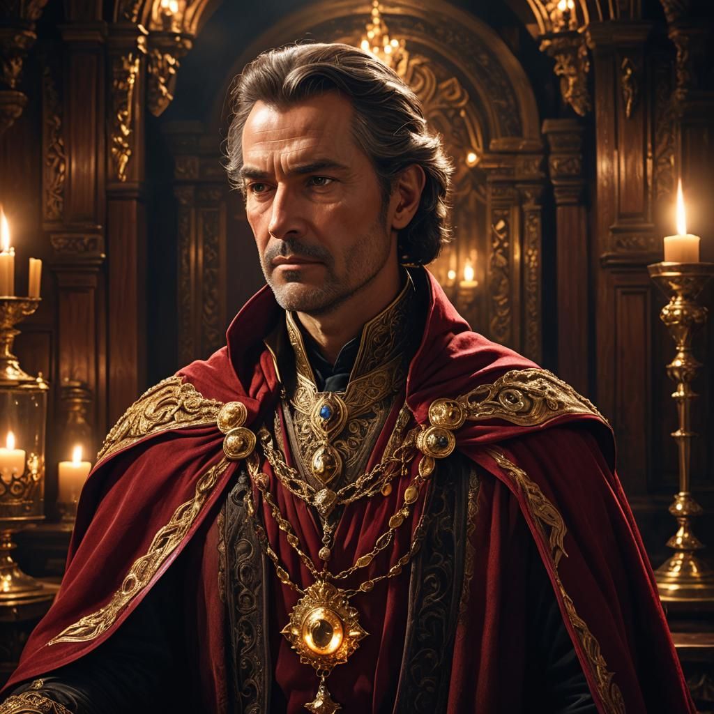 Crimson-Caped Noble in Dimly Lit Chamber