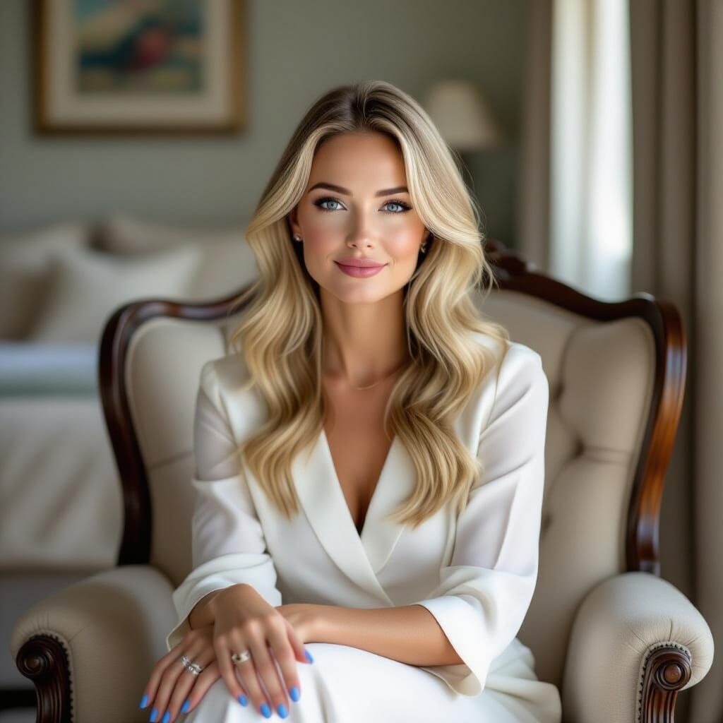 Elegant Woman in Modern Bedroom, Photorealistic Style