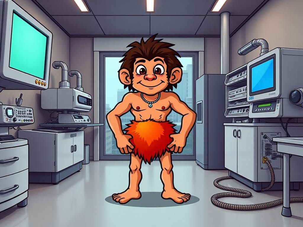 Cartoon Neanderthal in Lab, Tartakovsky Style