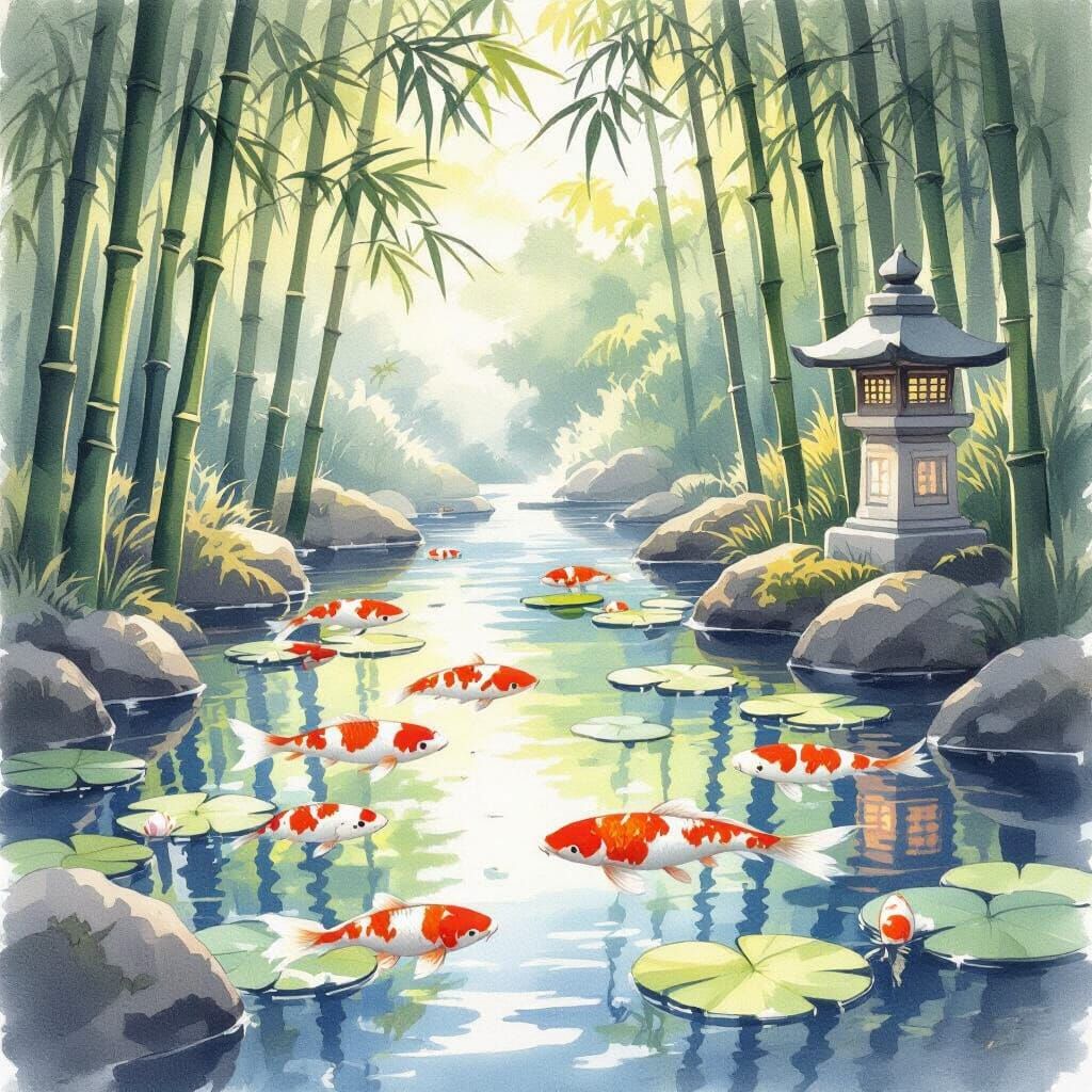 Koi Pond in Bamboo Forest: Japanese Watercolor