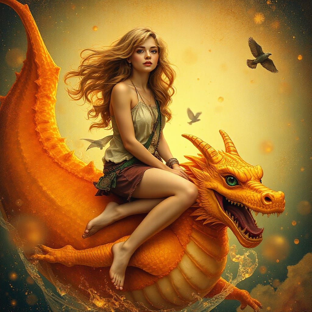 Woman on Gummy Dragon in Effervescent Soda Sea