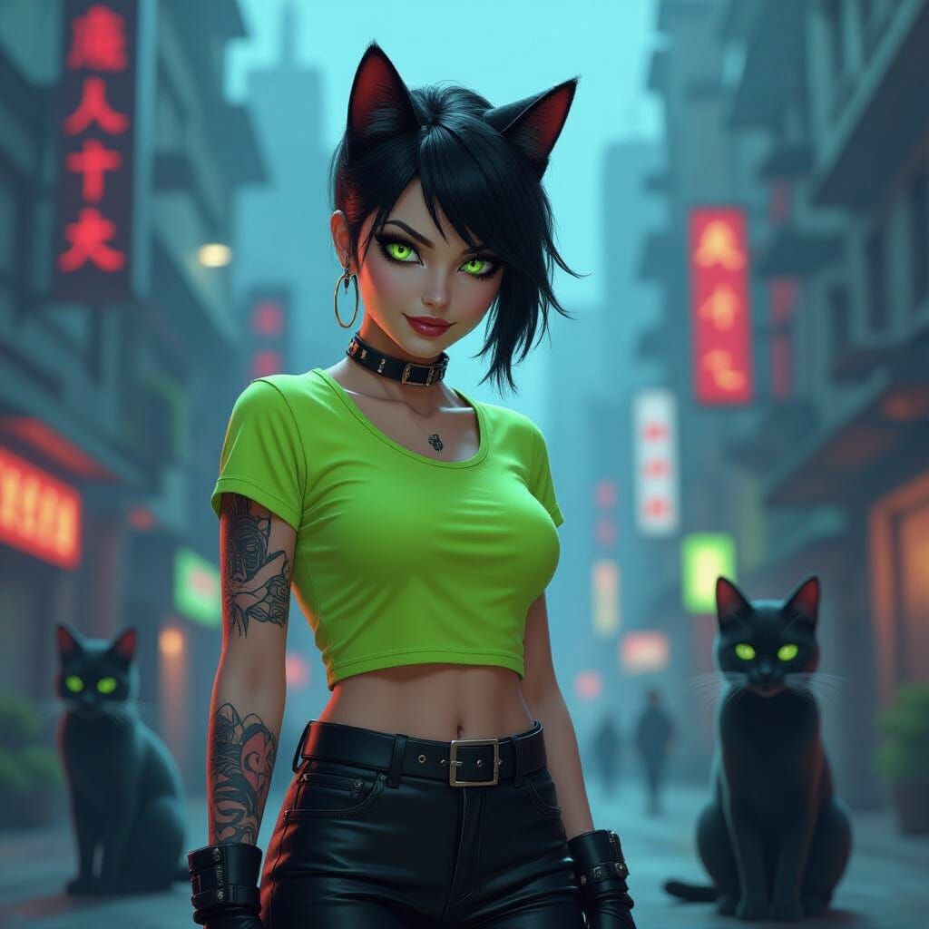 Cat-Shifter Villain Oversees Cityscape in Glitchcore Style