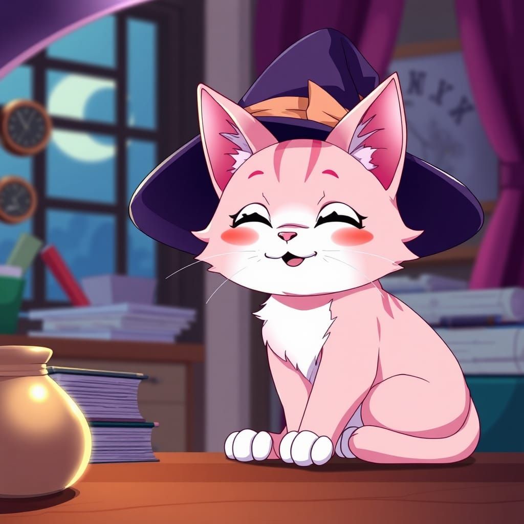 Cute Pink Cat on Witch's Desk: Anime Style