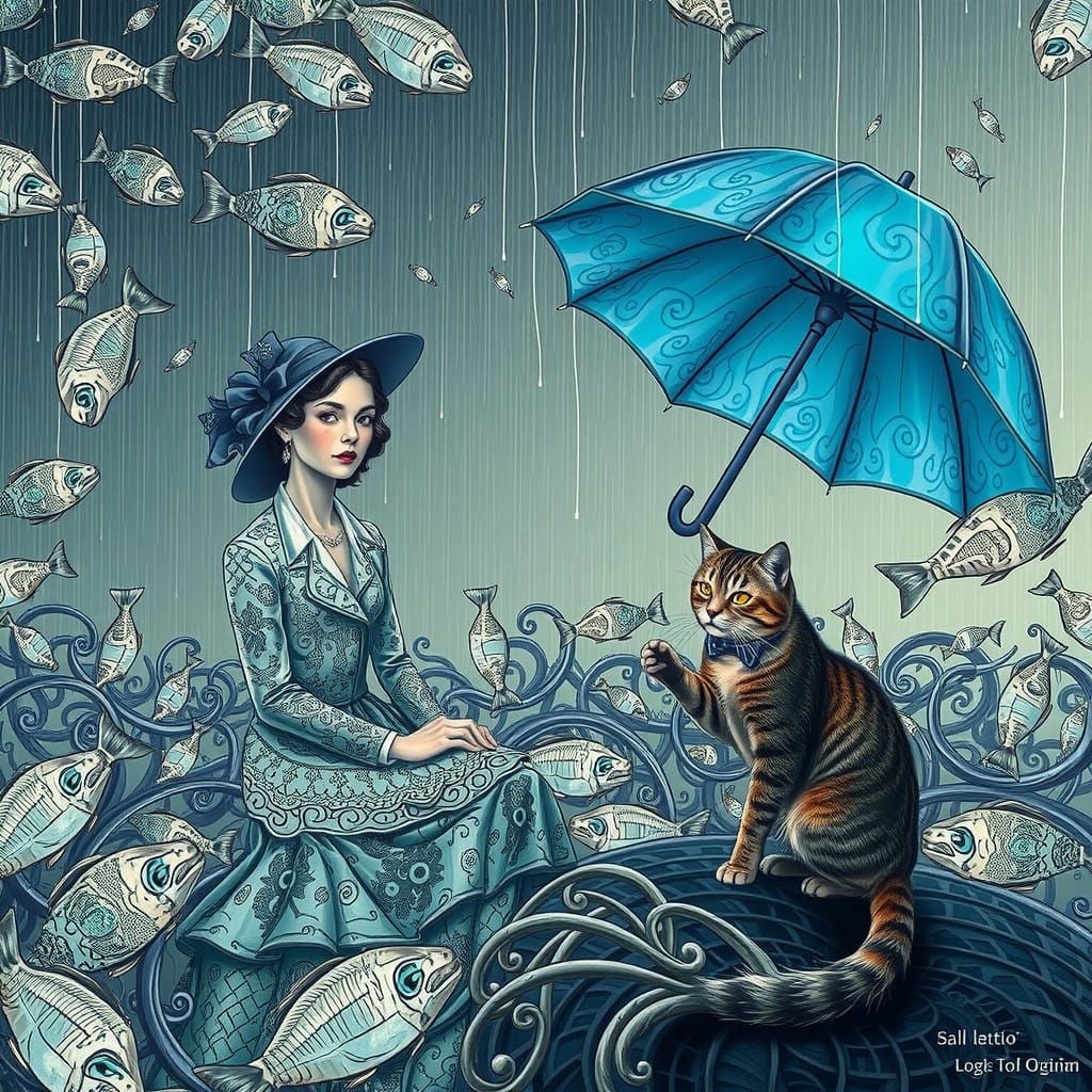Elegant Woman Surrounded by Whimsical Fishhead Hail in a Dre...
