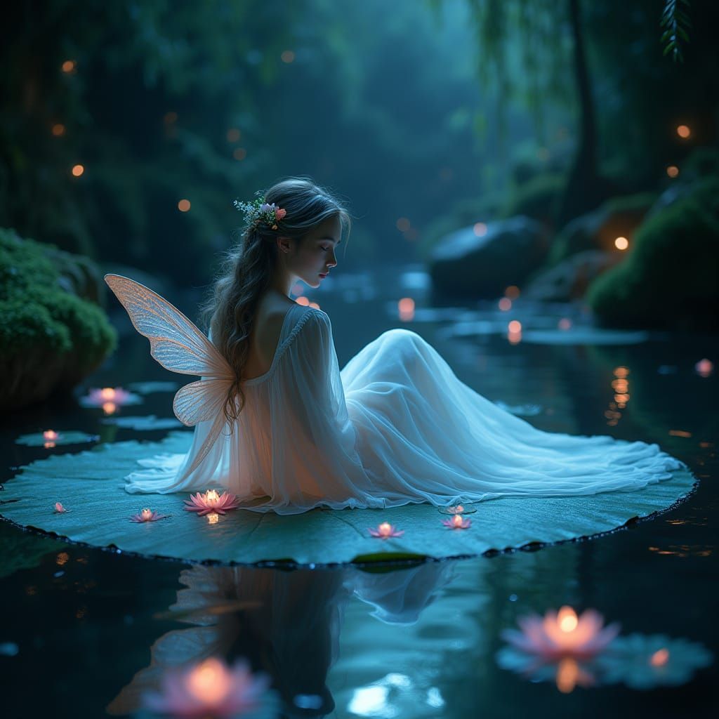 Bioluminescent Fairy on Water Lily in Hidden Grotto