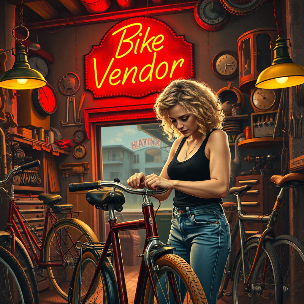 Woman Repairs Vintage Bicycle in Workshop: Expressive Art