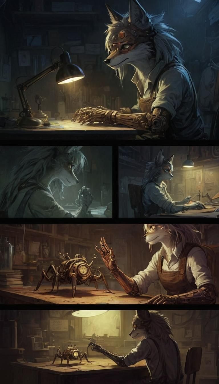 Jackal Engineer Creating Clockwork Spider, Oil and Digital A...