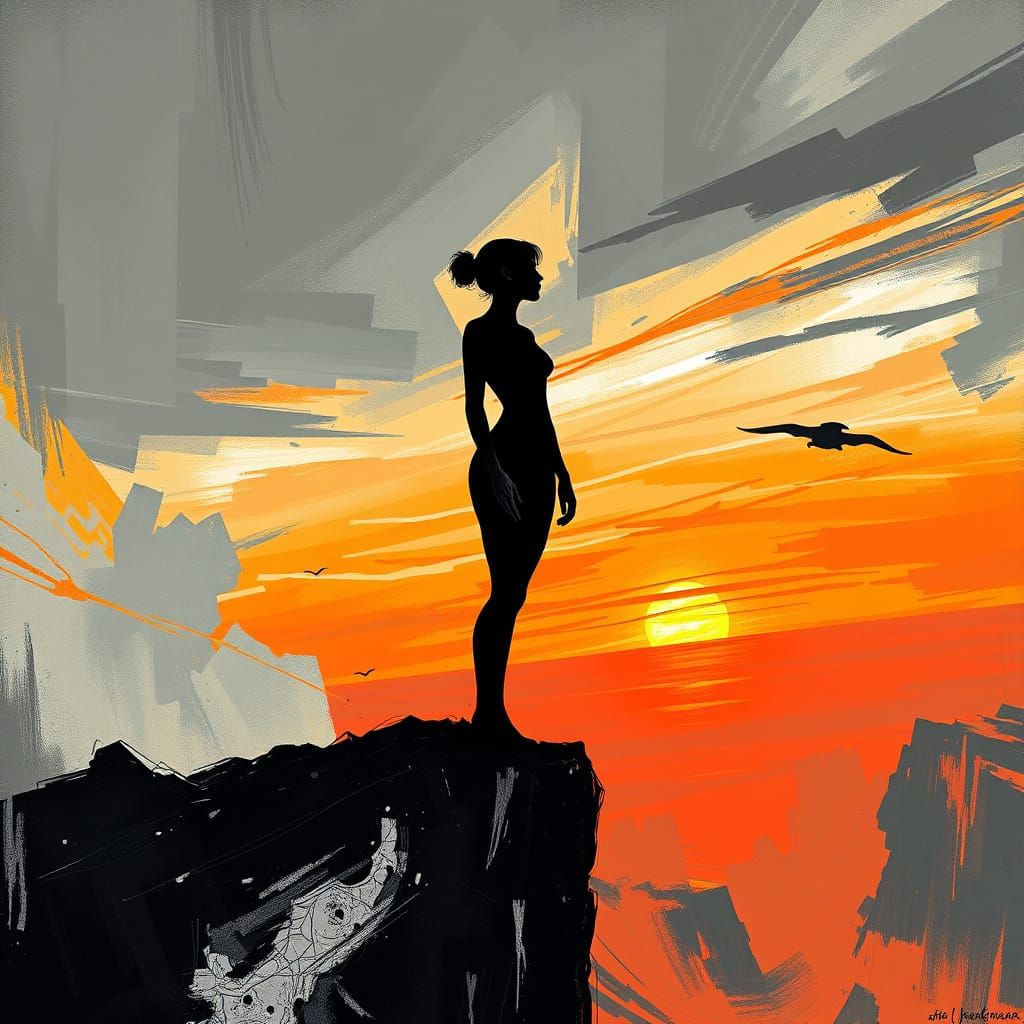 Solitary Figure Gazing at Sunset in Abstract Black and White