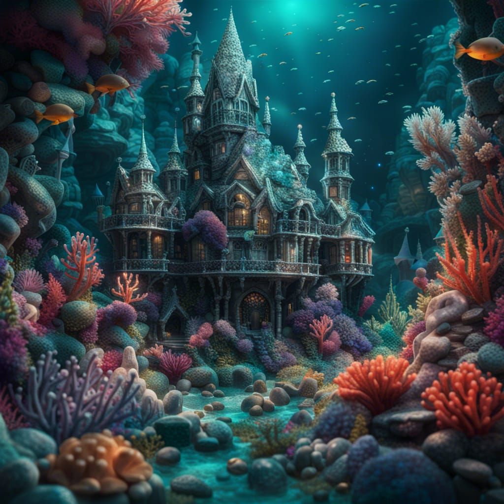 Crystal Mermaid Castle in Coral Reefs: Digital Art
