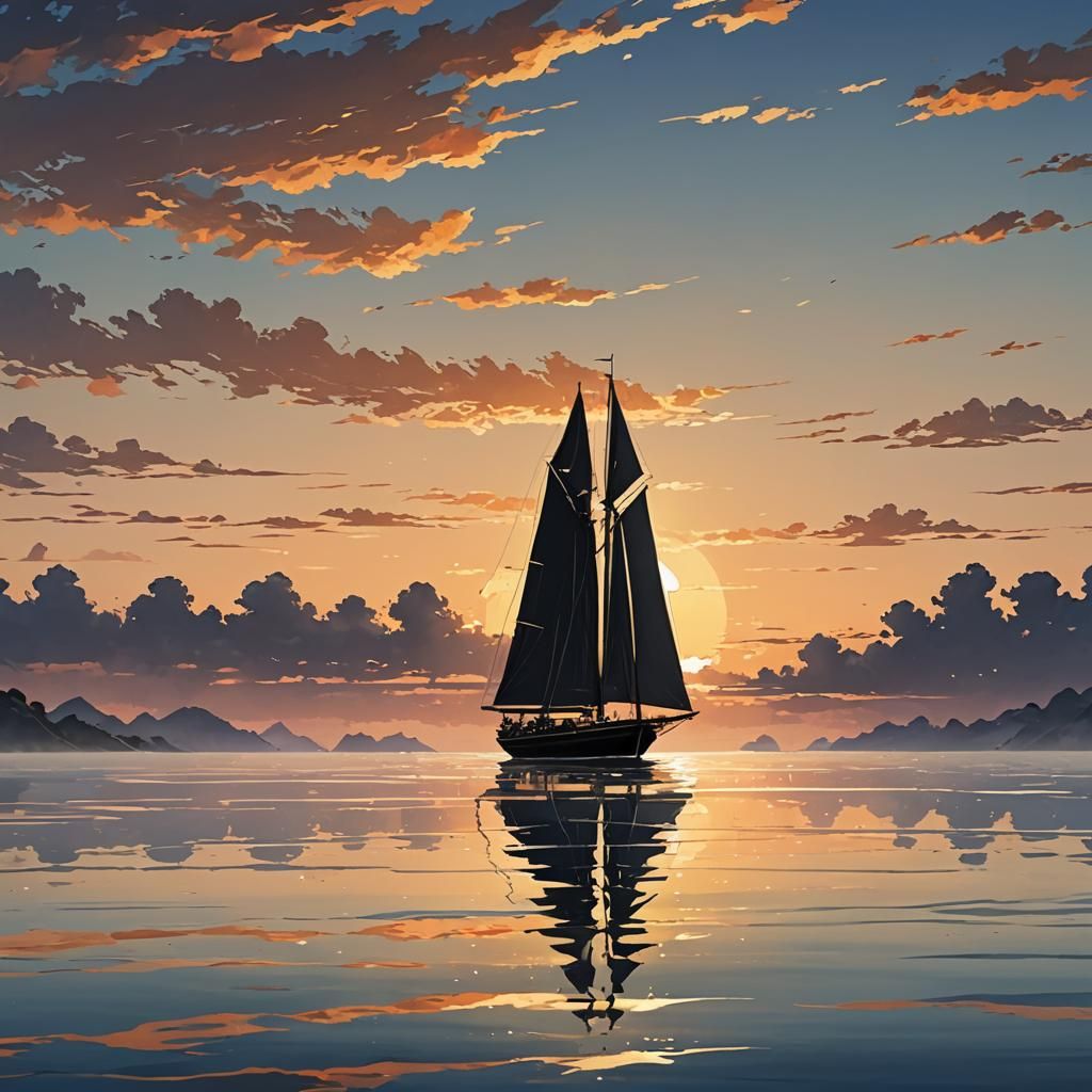 Two-Masted Sailboat at Sunset in Anime Key Visual