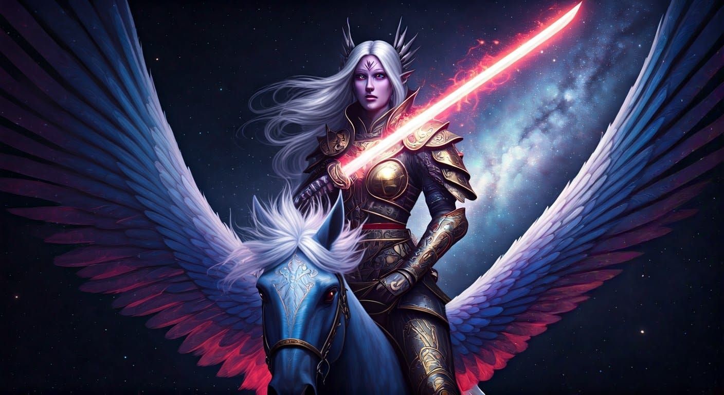 Divine Valkyrie Soars on Celestial Pegasus