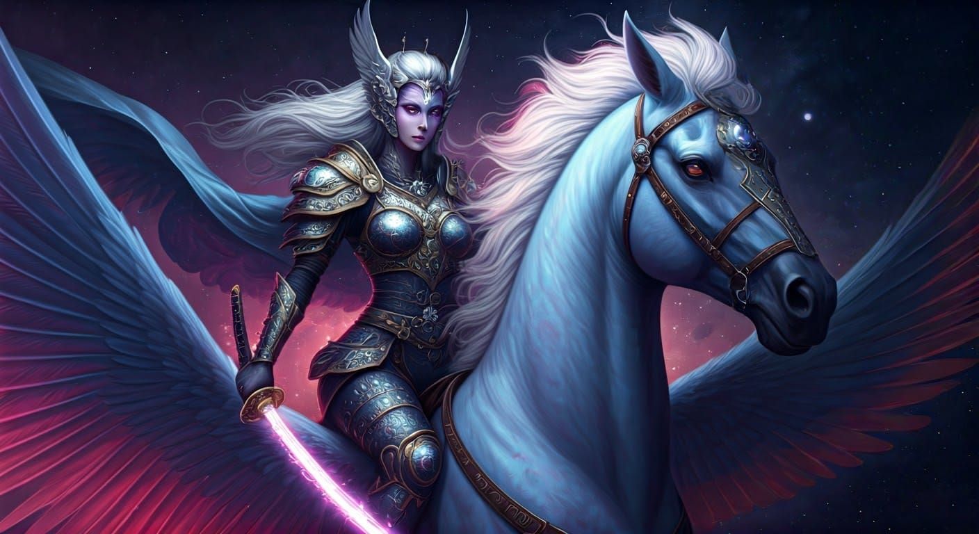 Celestial Valkyrie Soars on Cosmic Pegasus