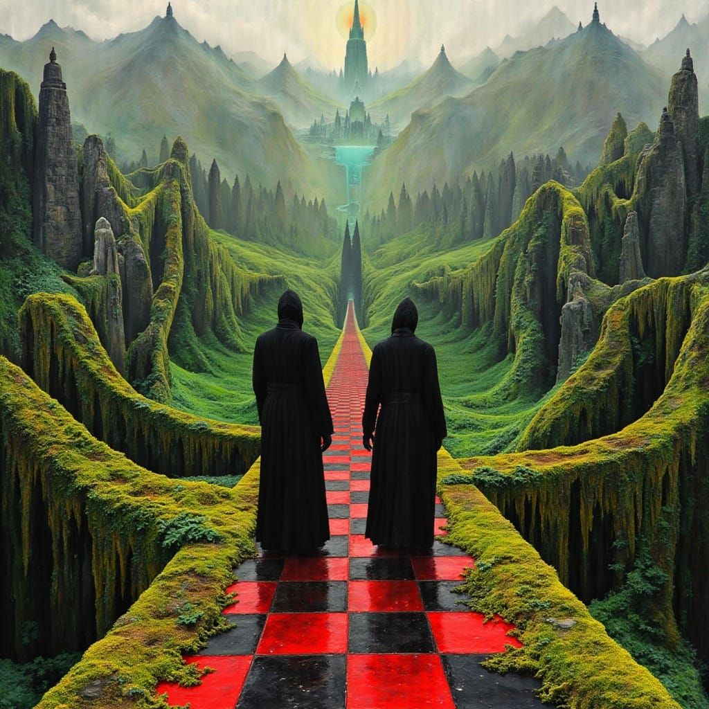 Hooded Figures in Esoteric Surreal Landscape