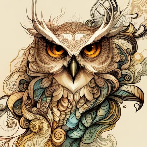 Golden Outlined Owl Portrait in Digital Painting Style