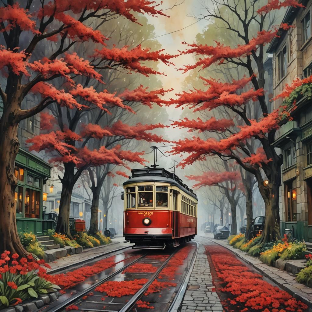 Vintage Tram Framed by Red Forest Flowers
