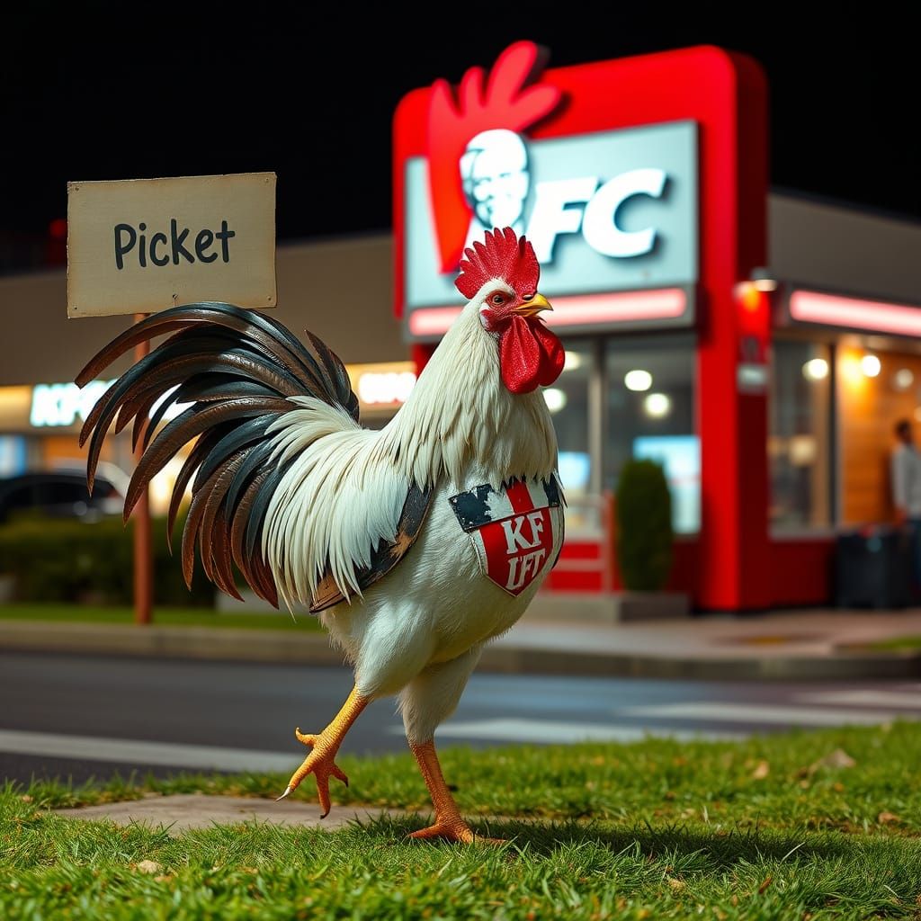 Rooster Demands Justice Outside KFC Restaurant