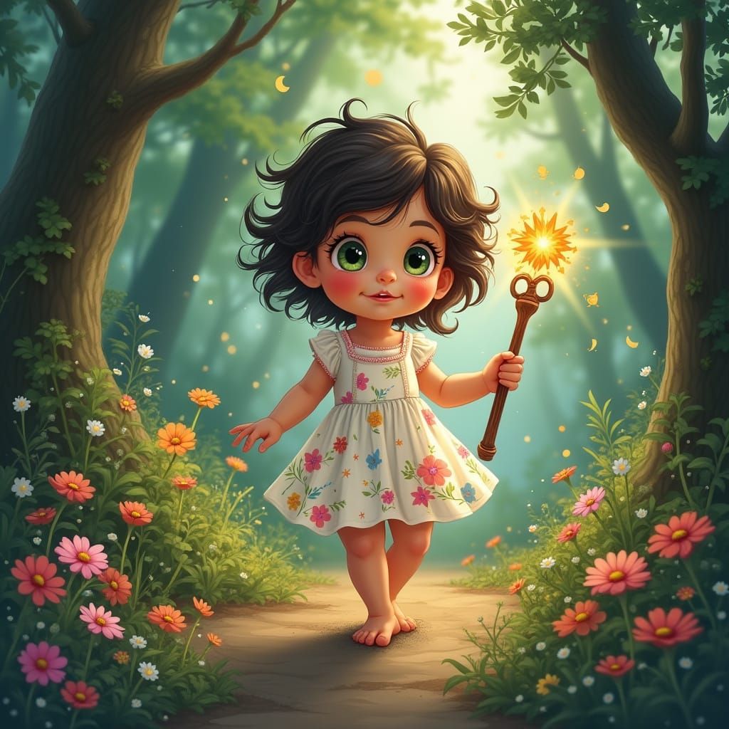 Whimsical Toddler Girl Enters Enchanted Forest with Wooden W...