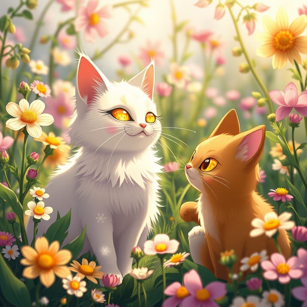 Winged Cat and Chocobo in Ghibli Flower Meadow