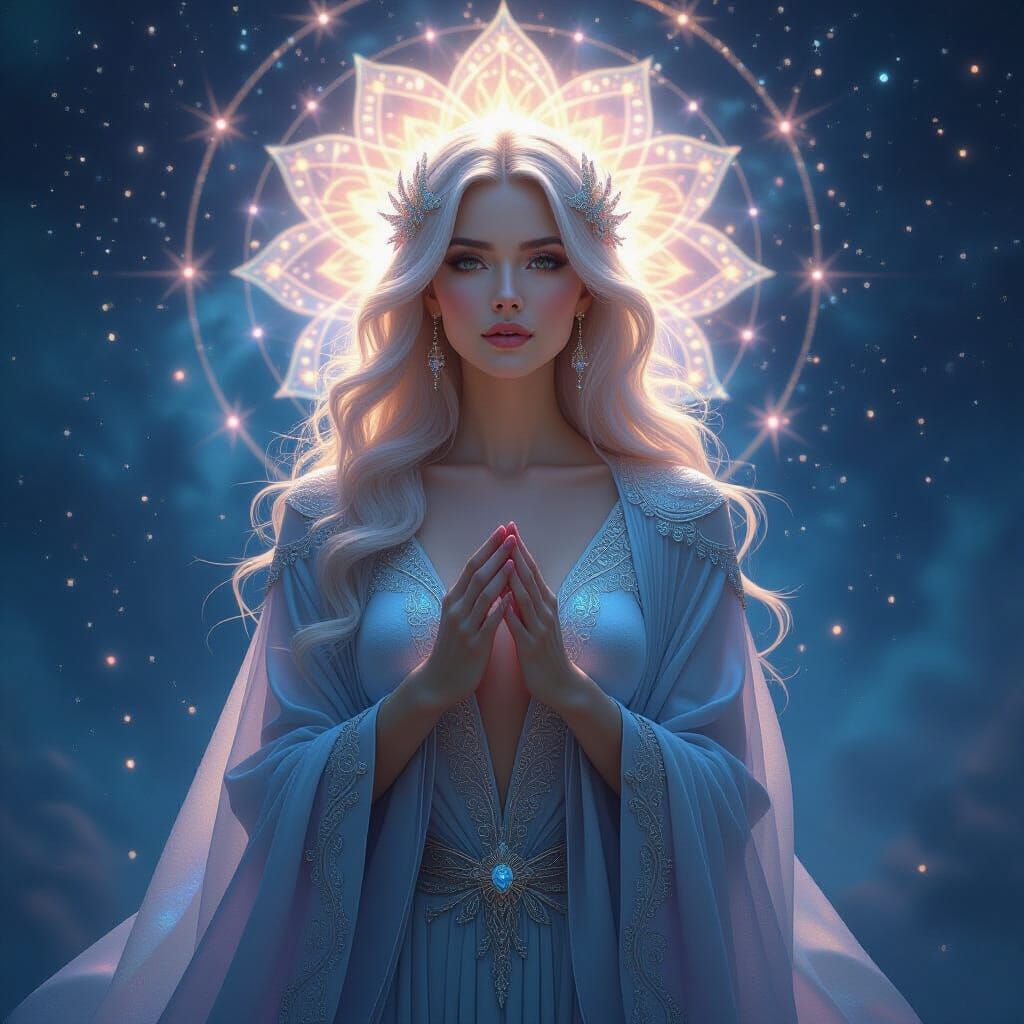 Ethereal Goddess in Holographic Robes Before Celestial Tapes...