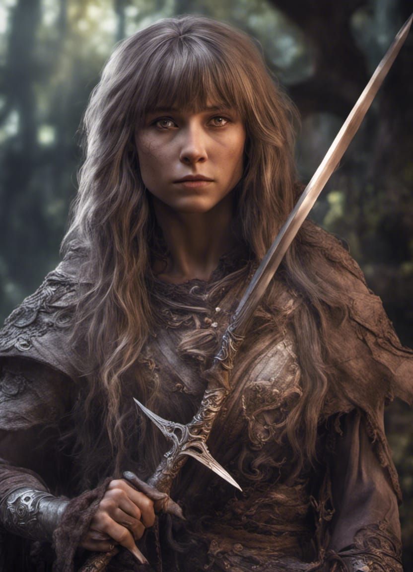 Hyperrealistic Jen from Dark Crystal with Sword