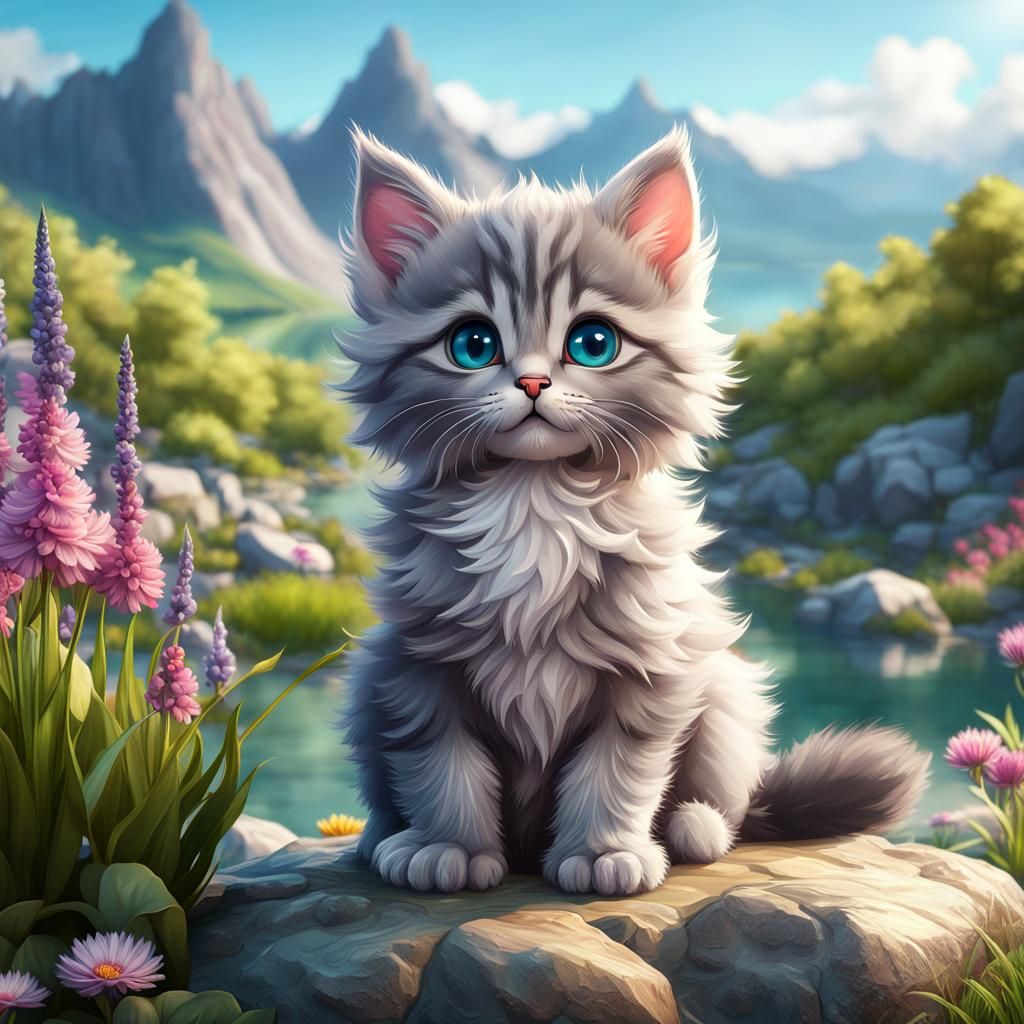Chibi Kitten in a Fantastical Landscape
