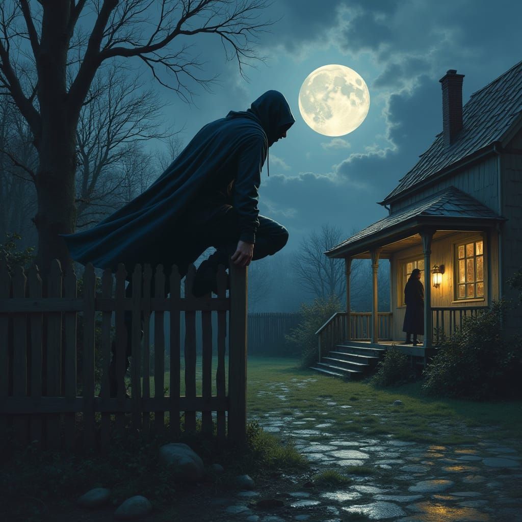 Moonlit Ambush: Warrior in a Countryside Yard