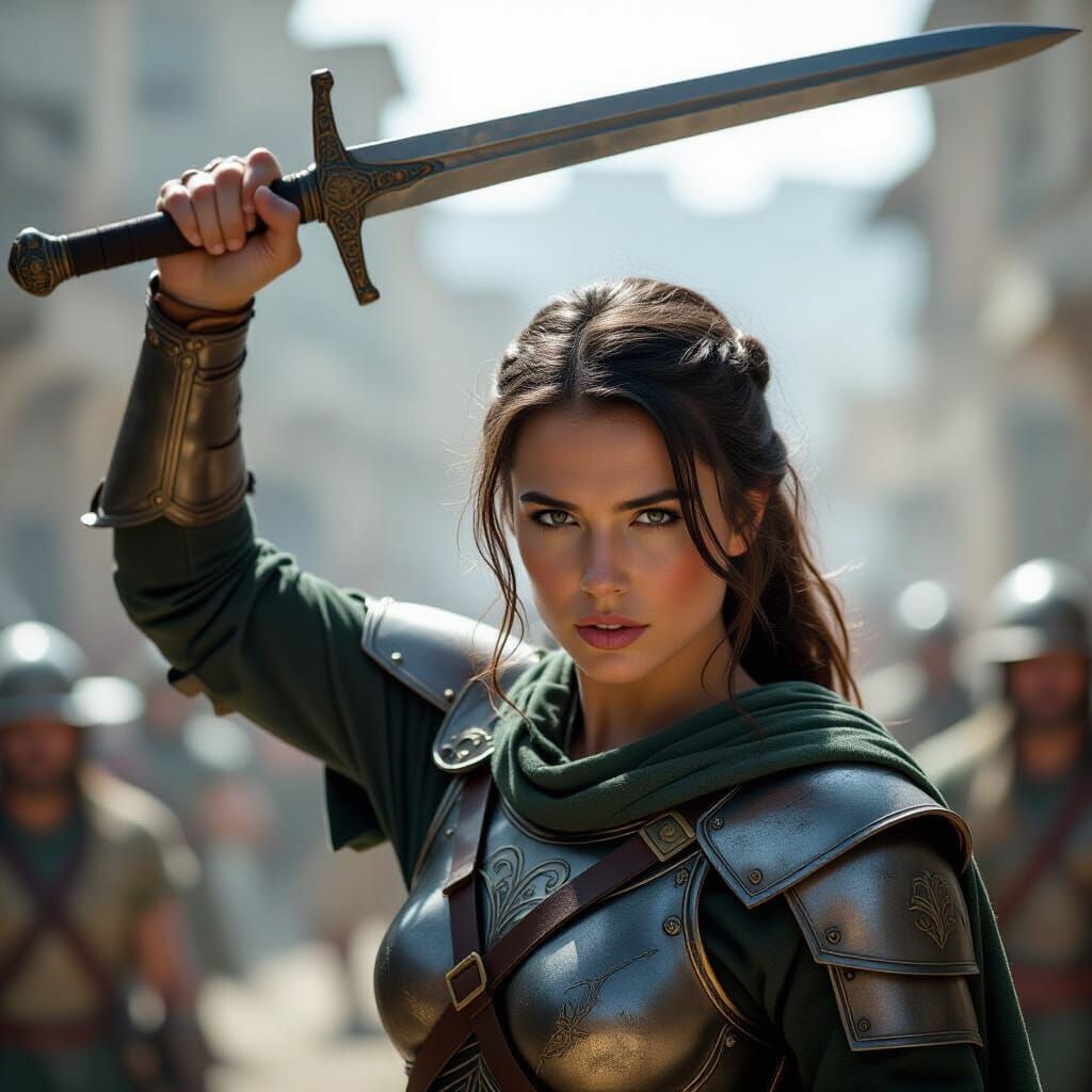 Female Warrior Raises Sword in Epic Cinematic Scene