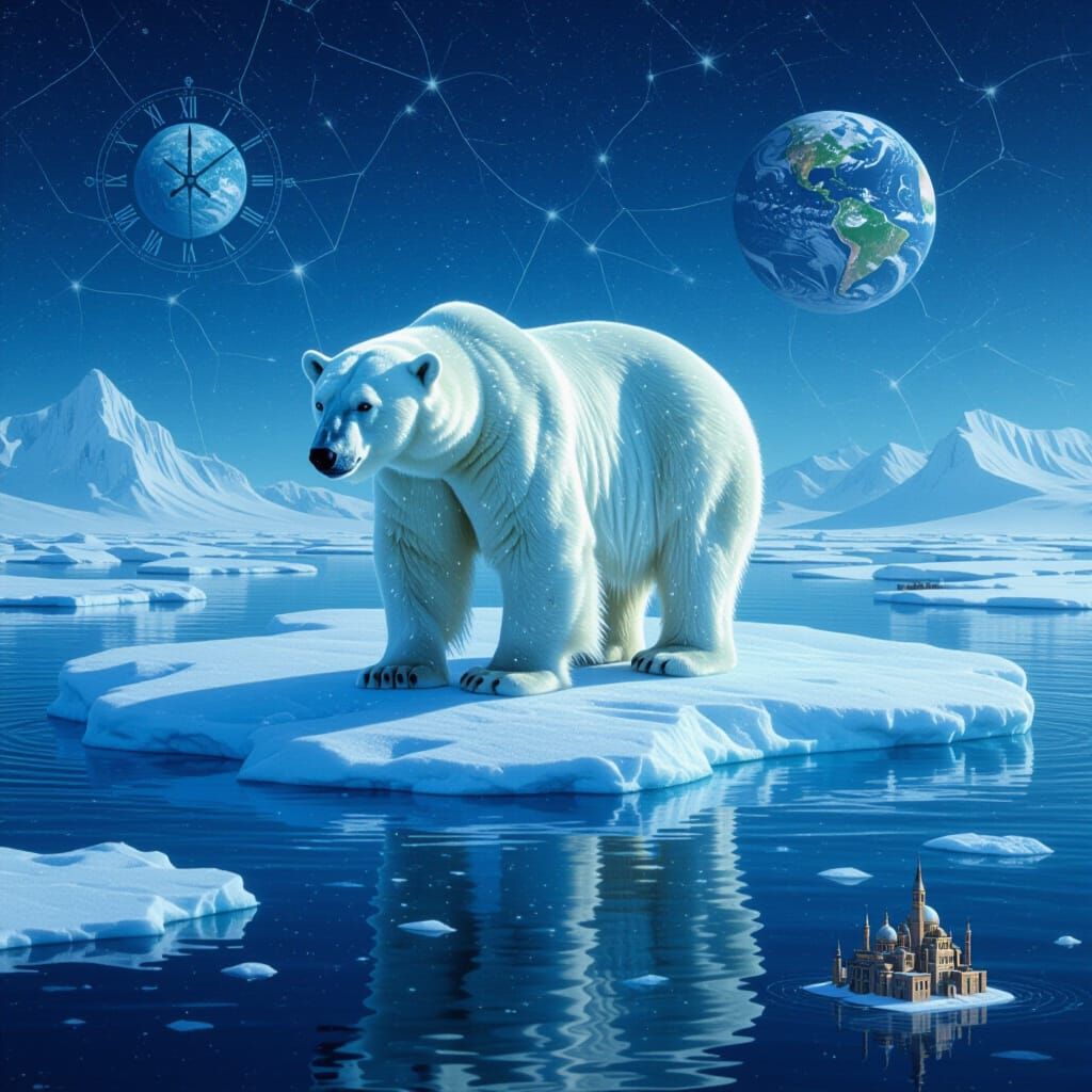 Bioluminescent Polar Bear Drifting on Melting Ice