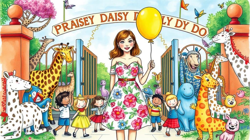 Cheerful Woman Surrounded by Whimsical Zoo Animals in a Chri...