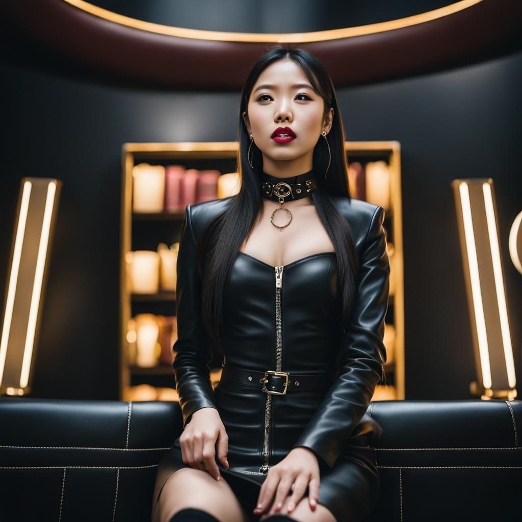 Asian Woman in Leather Dress Making Eye Contact