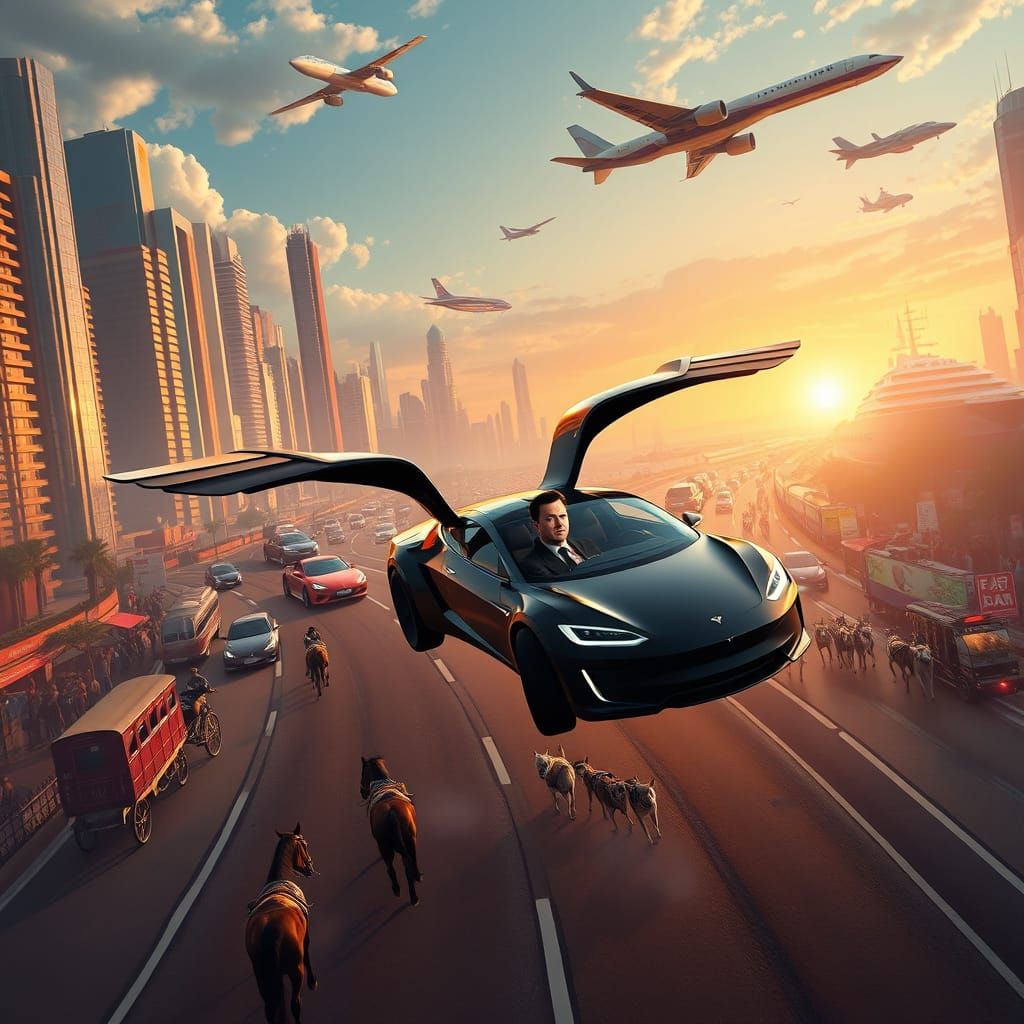 Futuristic Cityscape with Majestic Horse and Diverse Vehicle...