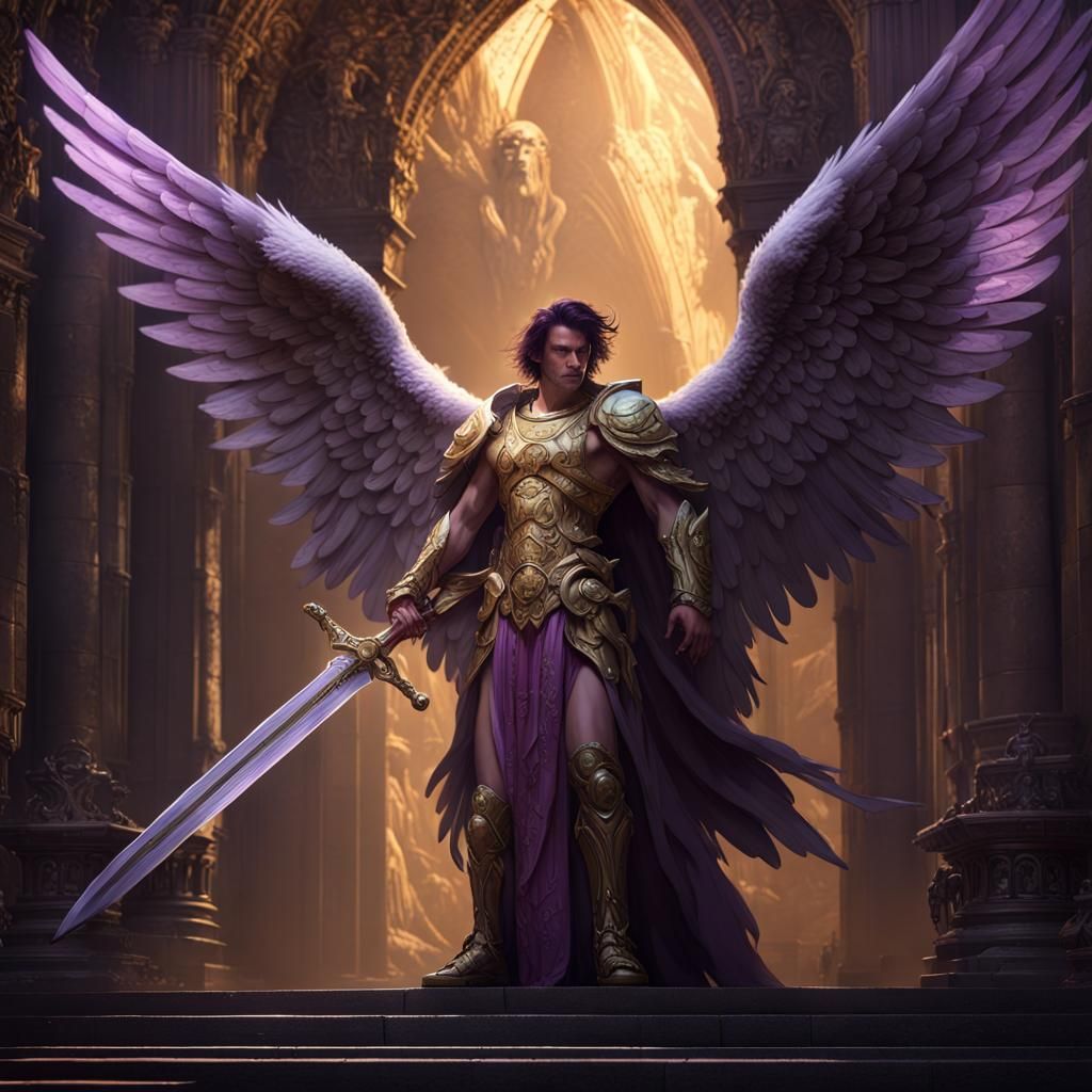 Male Angel with Sword in Dark Temple Concept Art
