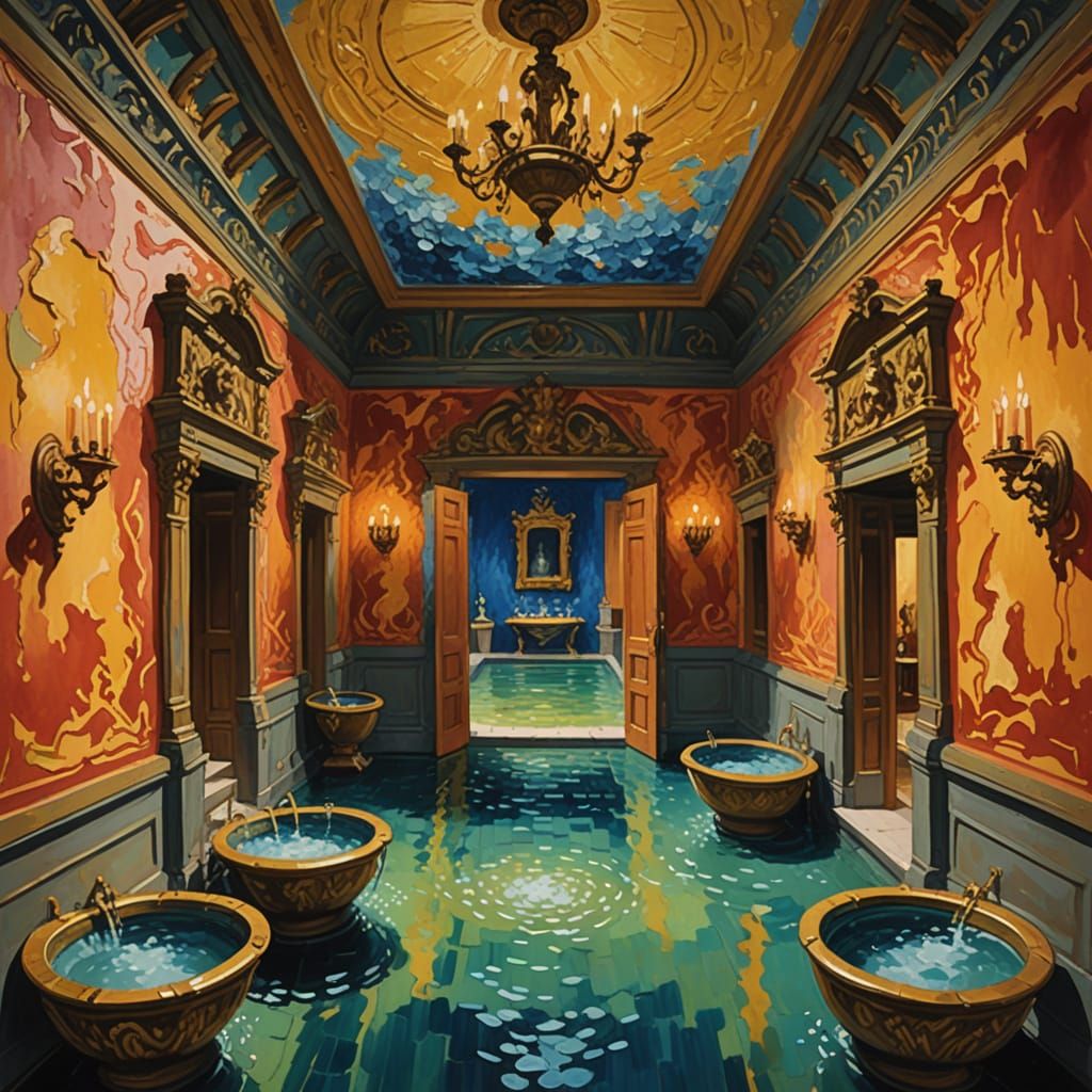 Gouache Painting of an Epic Antechamber with Processional En...