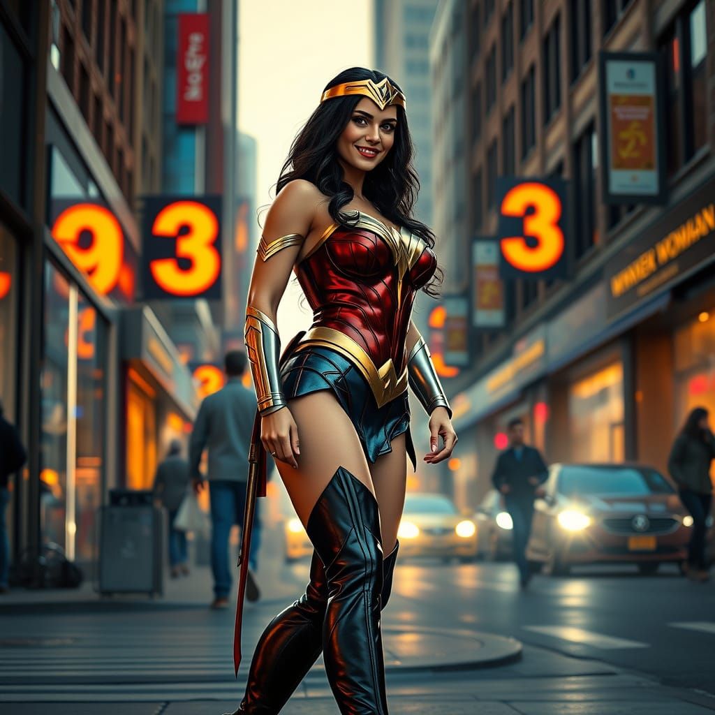 Wonder Woman in Iconic Costume on Bustling City Street