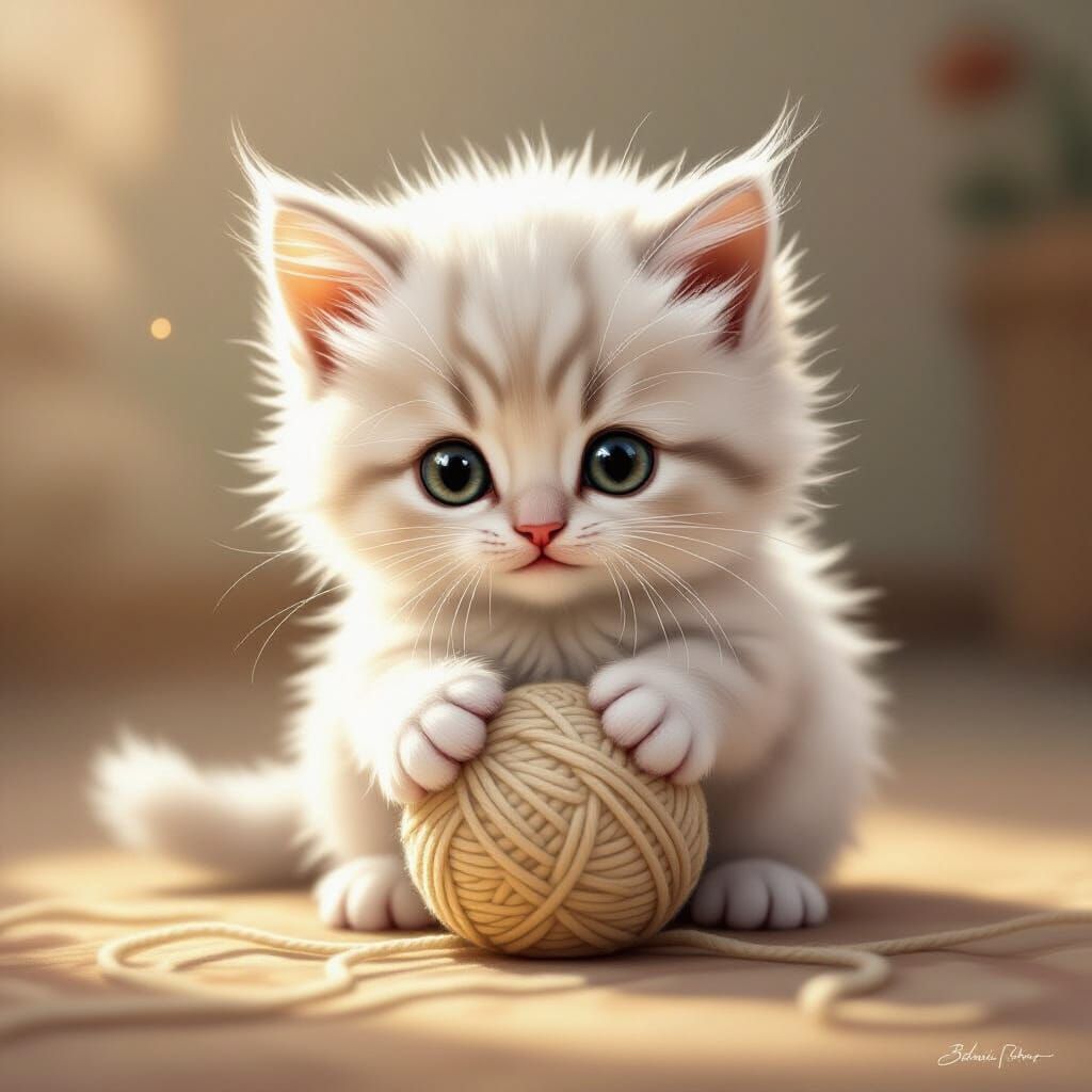 Fluffy Kitten Playing With Yarn in Digital Art Style