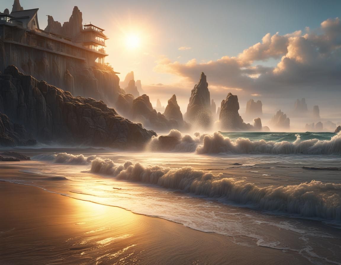 Golden Sunrise at the Beach with Rolling Waves