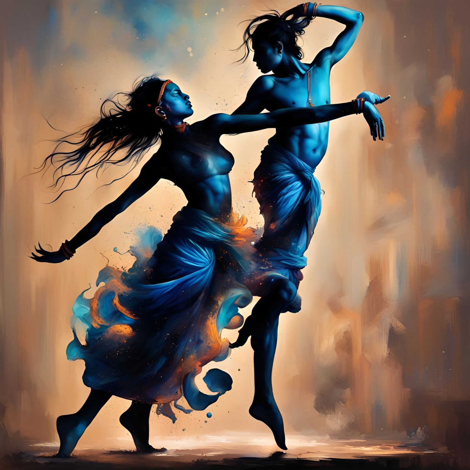 Hindu Dancers Bursting From Cosmic Shell in Graffiti Art