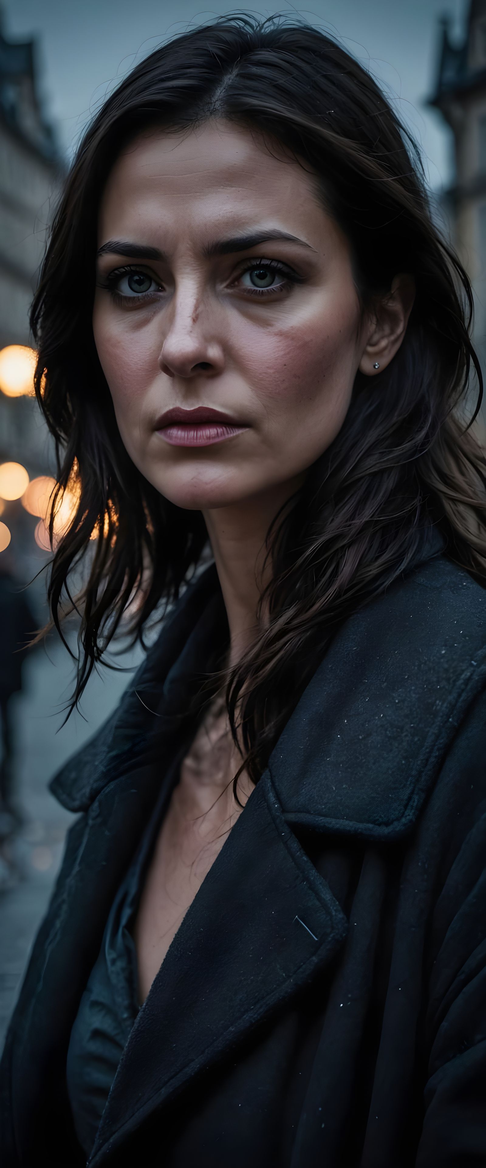 Hauntingly Beautiful Woman in Noir Prague Nighttime Scene