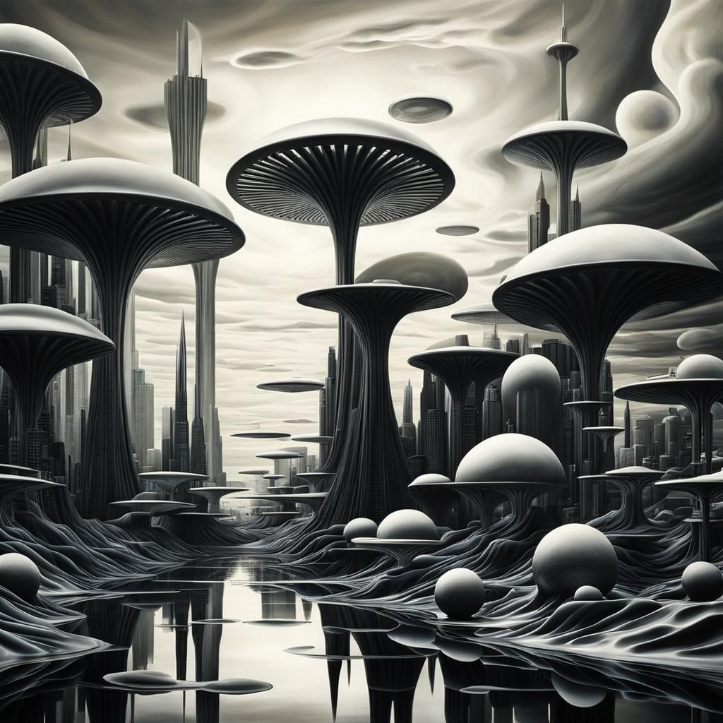 Black and white retro-futurism skylines