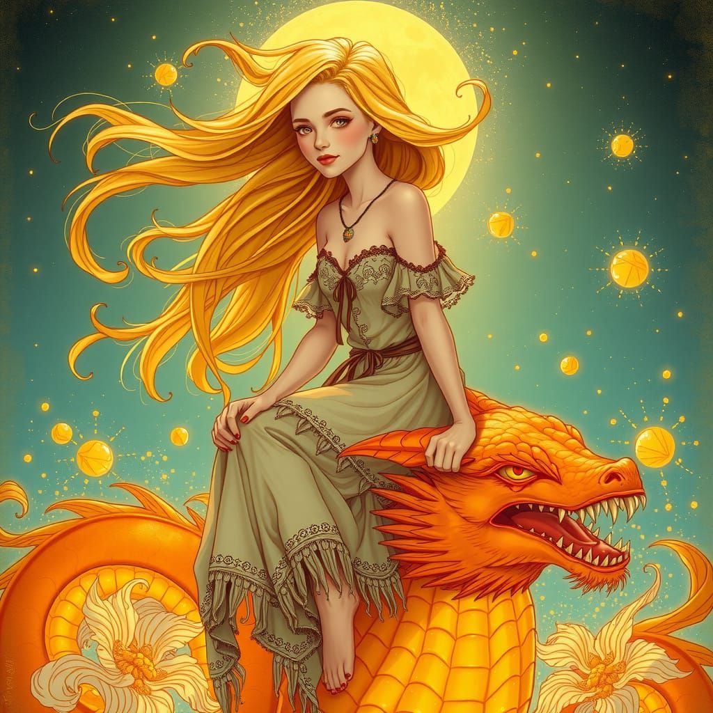 Bohemian Girl Riding Gummy Dragon in Soda Sea