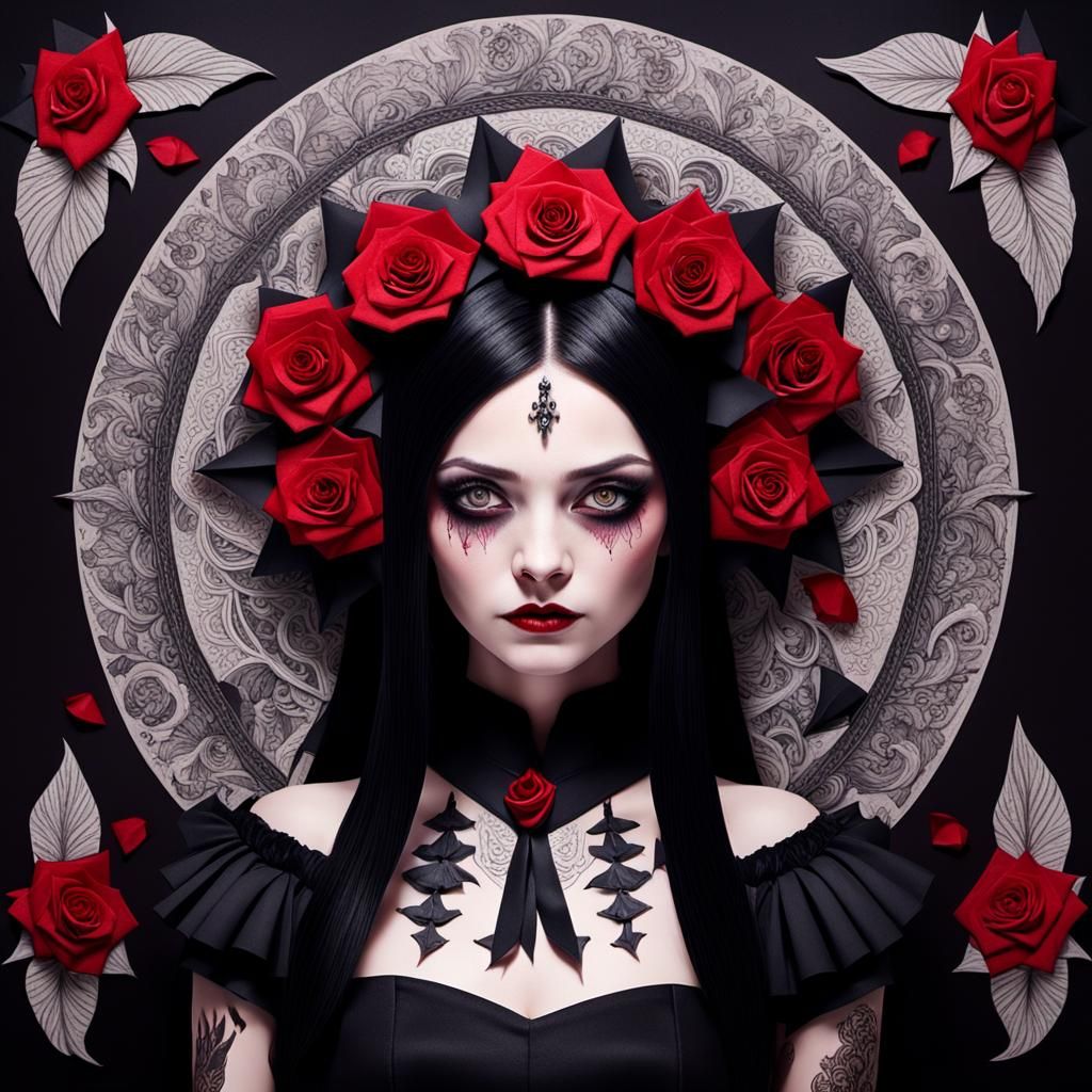 Cute gothic Wednesday addams, red roses
