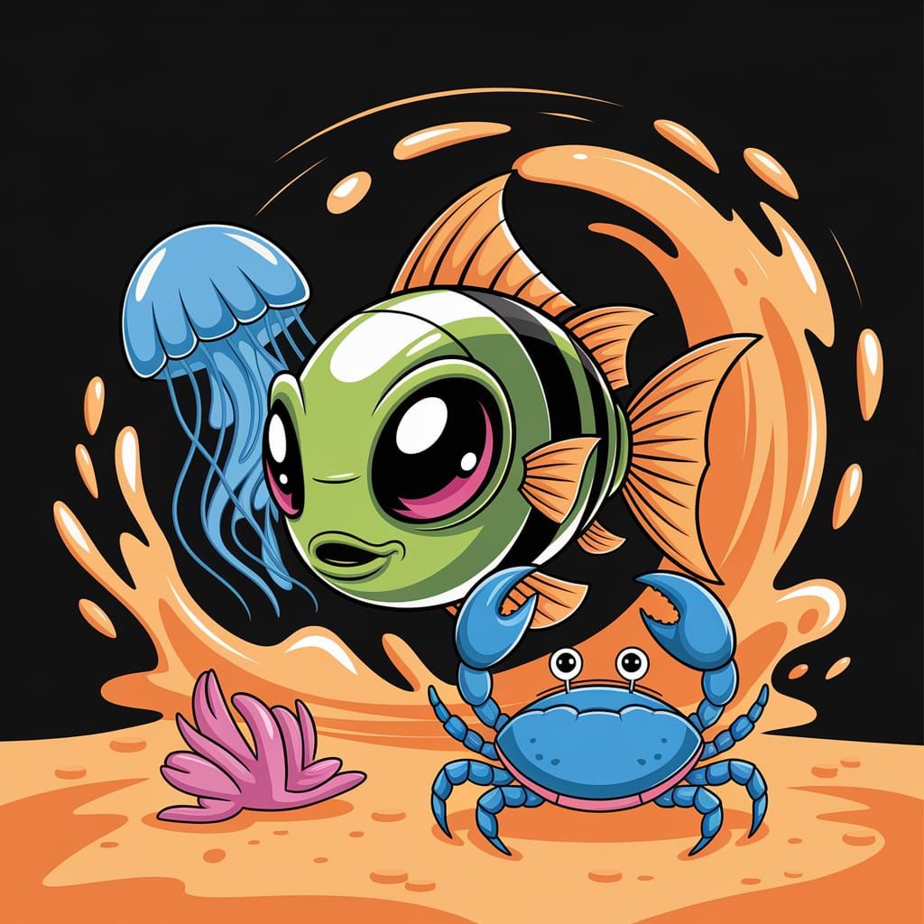Robotic Alien Fish with Jellyfish and Crab