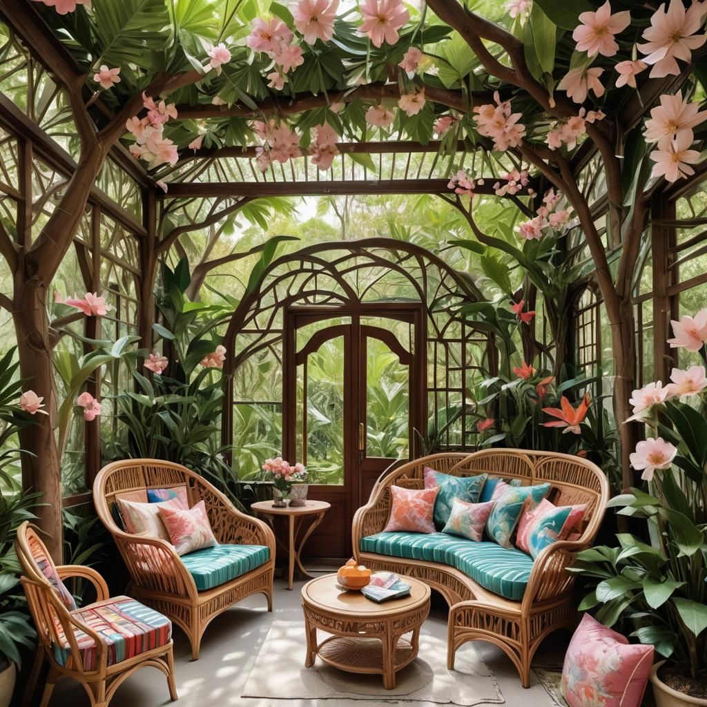Kirigami Garden with Eclectic Furniture, Art Nouveau Style