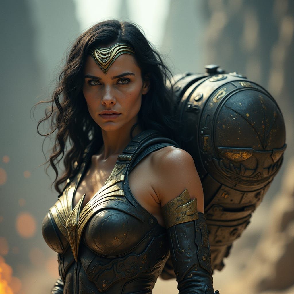 Heroic Wonder Woman Wears Exosuit with Ancient Cargo Pod