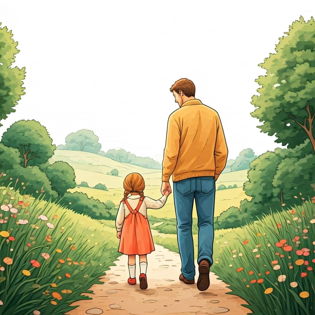 Father and Daughter Walk in Whimsical Landscape