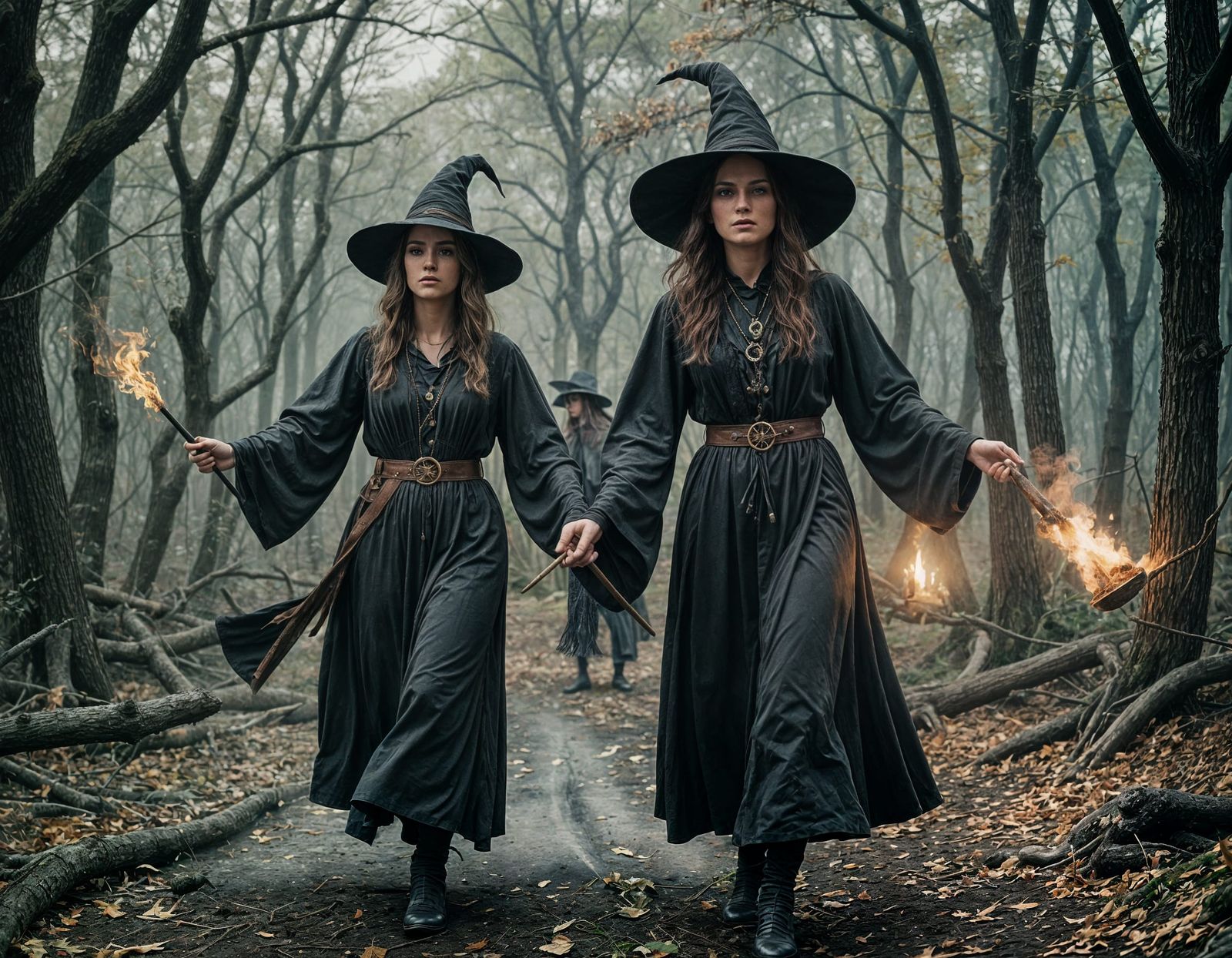 Dramatic Witches Casting Spells: Cinematic Film Still