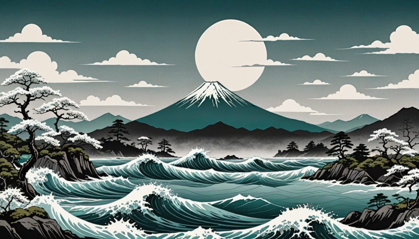 Traditional Japanese Art Poster in Teal and Grey