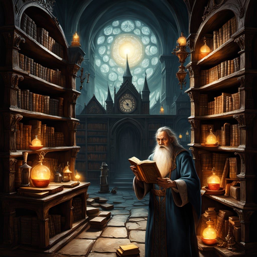 Wizard in His Enchanted Study, Filled with Magical Knowledge