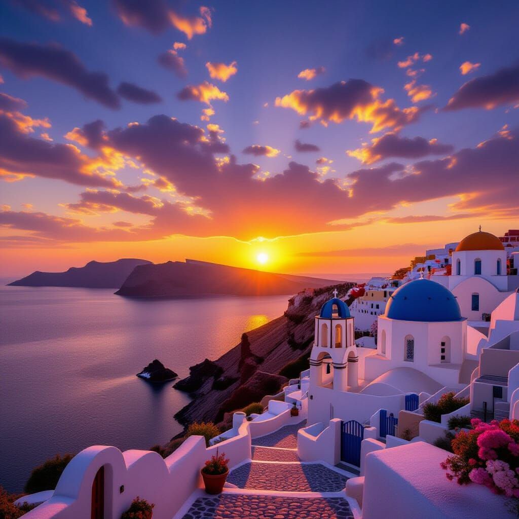 Santorini Sunset with Photorealistic Clarity